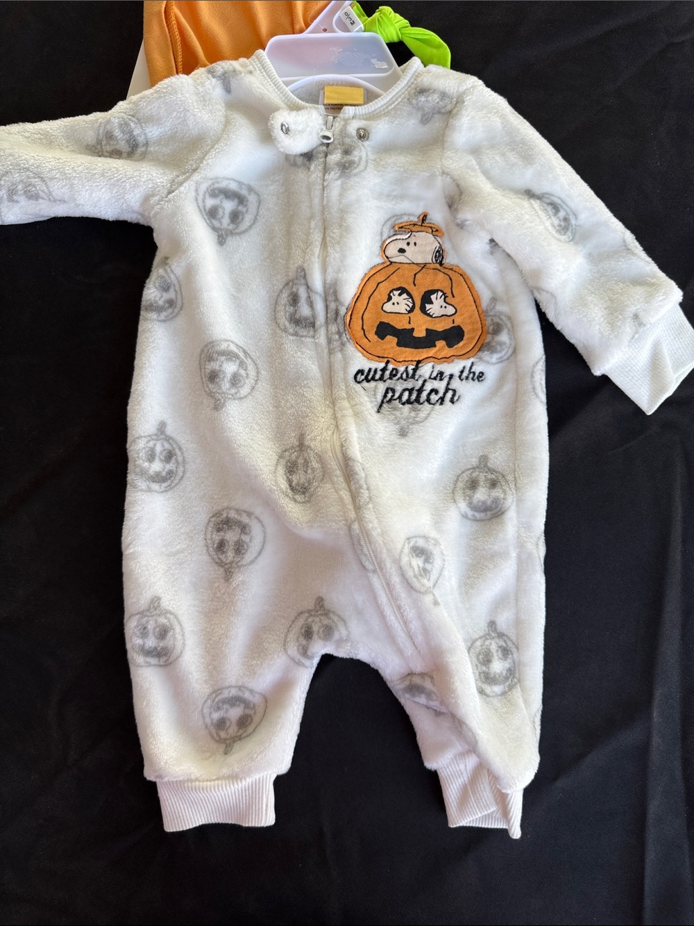 Peanuts Fleece Baby One-Piece Romper in White and Gray with Orange Pumpkin